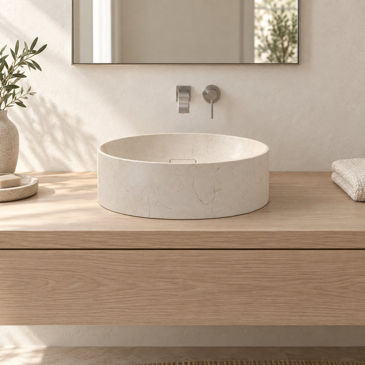 Seada Botticino Marble Vessel Sink — low frontal bathroom lifestyle
