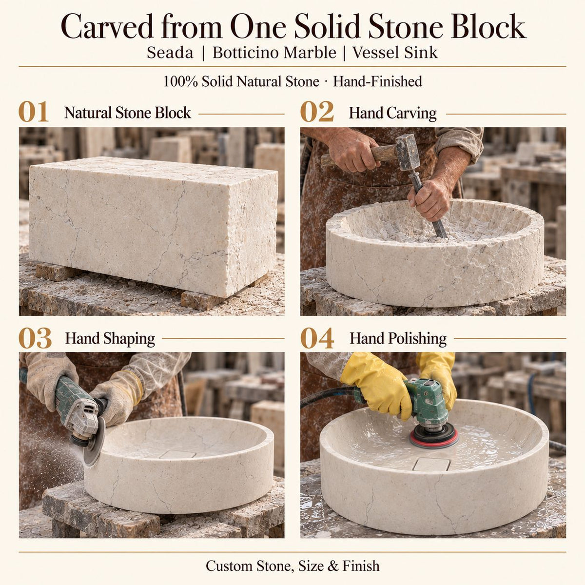 Seada Botticino Marble Vessel Sink carved from one solid stone block, showing manual hammer-and-chisel carving, hand shaping and hand polishing; custom stone, size and finish.
