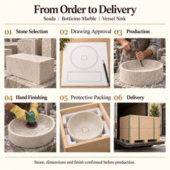 Seada Botticino Marble Vessel Sink from order to delivery: material selection, drawing approval, production, hand finishing, protective foam packing in a plywood crate and delivery; specifications confirmed before production.