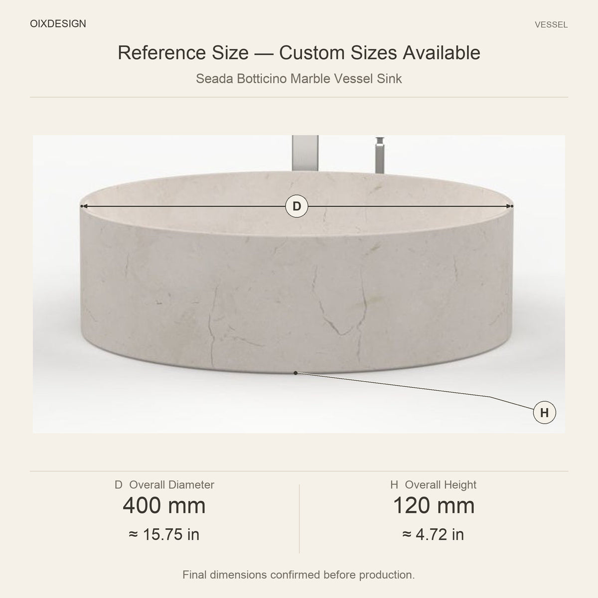Seada Botticino Marble Vessel Sink reference overall dimensions in millimeters and inches