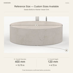 Seada Botticino Marble Vessel Sink reference overall dimensions in millimeters and inches