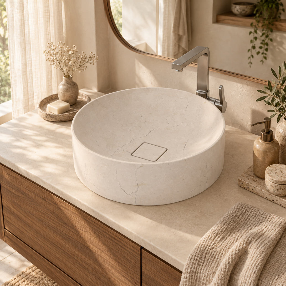 Seada Botticino marble vessel sink with square stone drain cover in a warm walnut bathroom