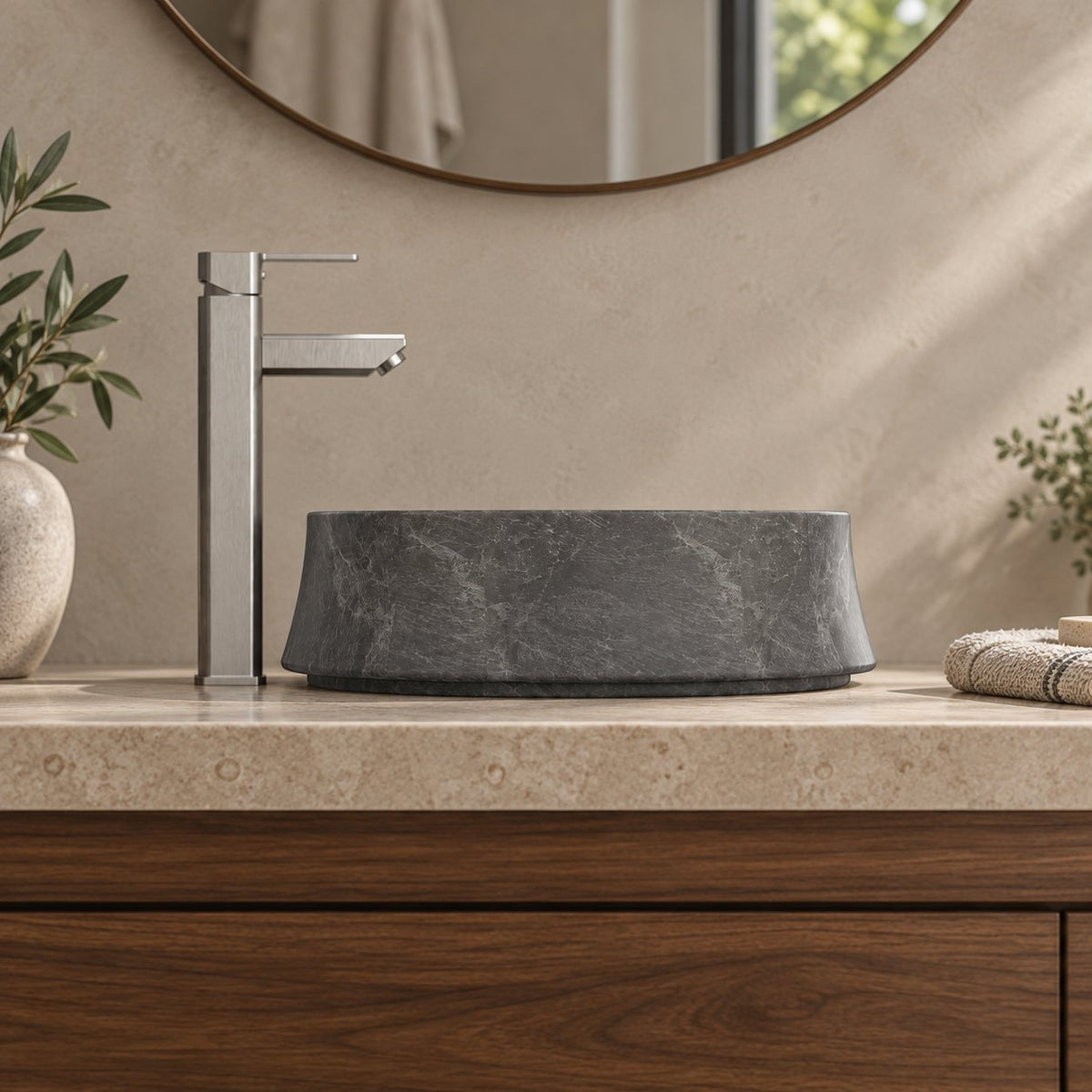 Seana Terista Marble Vessel Sink — low side elevation bathroom lifestyle