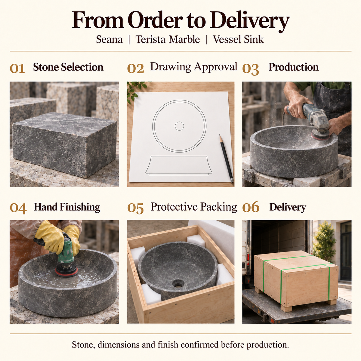 Seana Terista Marble Vessel Sink from order to delivery: stone selection, drawing approval, production, hand finishing, foam protective packing in a plywood crate and delivery; stone, dimensions and finish confirmed before production.