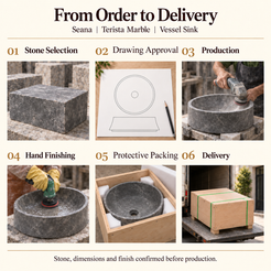 Seana Terista Marble Vessel Sink from order to delivery: stone selection, drawing approval, production, hand finishing, foam protective packing in a plywood crate and delivery; stone, dimensions and finish confirmed before production.