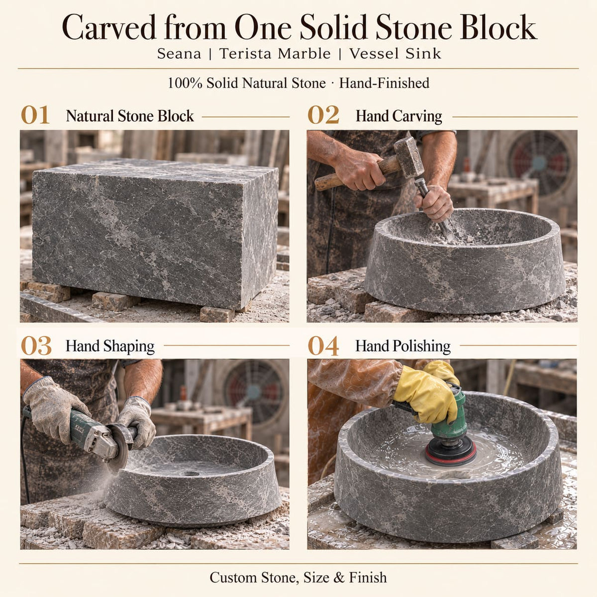 Seana Terista Marble Vessel Sink carved from one solid stone block, showing manual hammer-and-chisel carving, hand shaping and hand polishing; custom stone, size and finish.