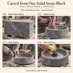 Seana Terista Marble Vessel Sink carved from one solid stone block, showing manual hammer-and-chisel carving, hand shaping and hand polishing; custom stone, size and finish.