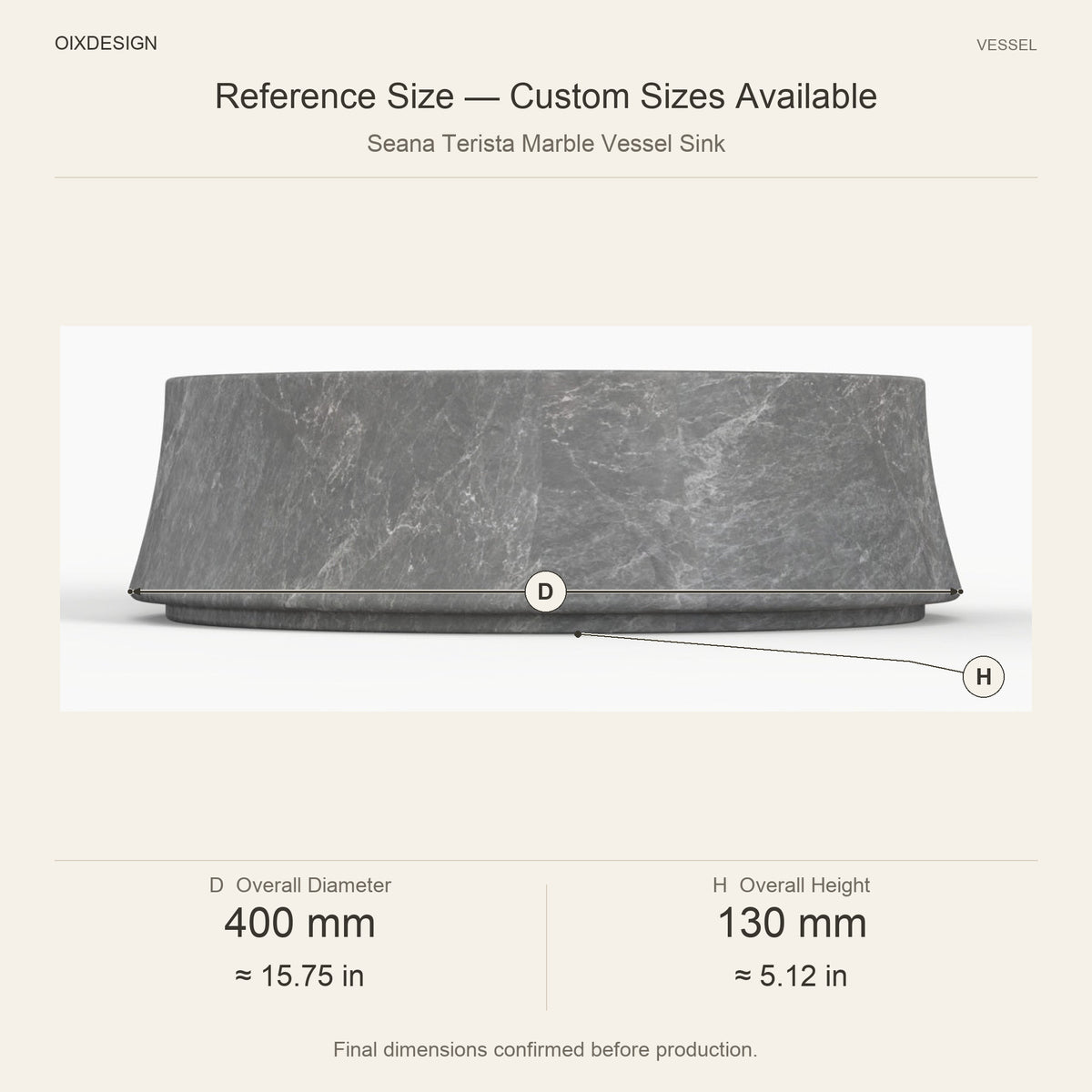 Seana Terista Marble Vessel Sink reference overall dimensions in millimeters and inches