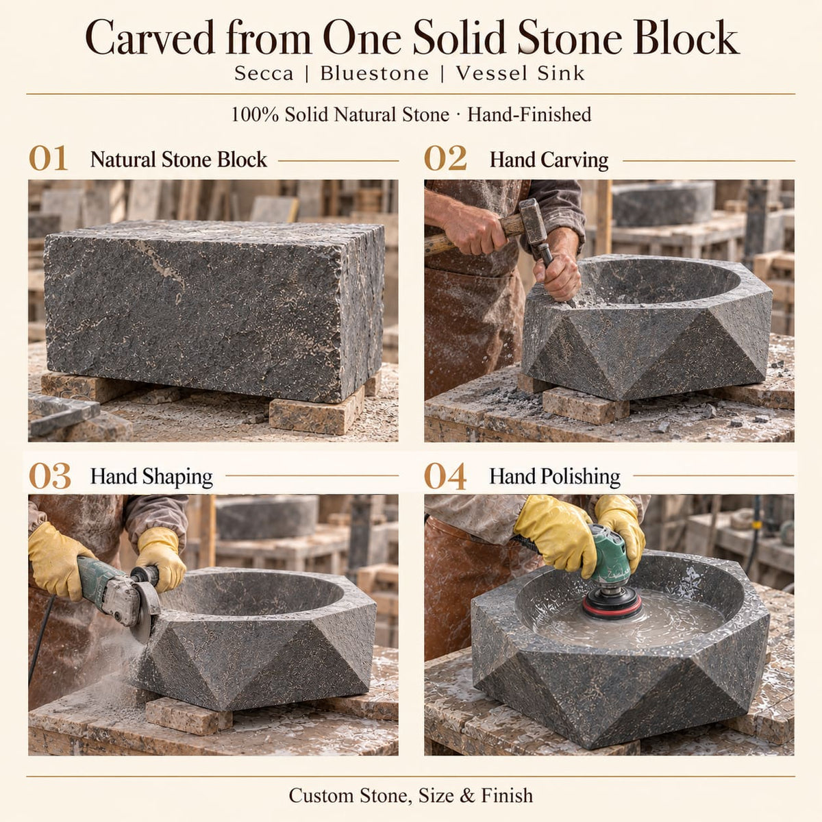 Secca Bluestone Vessel Sink carved from one solid stone block, showing manual hammer-and-chisel carving, hand shaping and hand polishing; custom stone, size and finish.