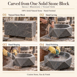 Secca Bluestone Vessel Sink carved from one solid stone block, showing manual hammer-and-chisel carving, hand shaping and hand polishing; custom stone, size and finish.