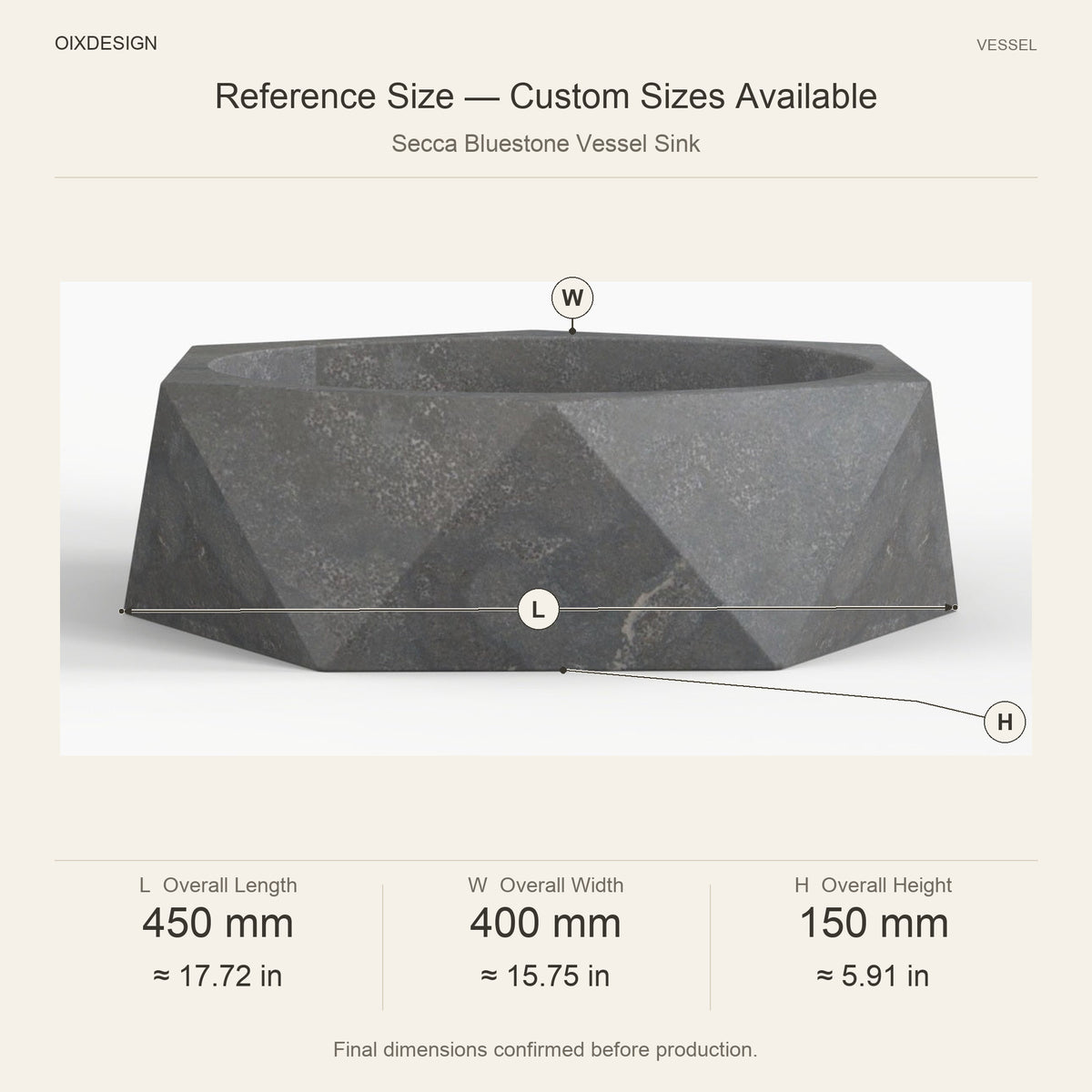 Secca Bluestone Vessel Sink reference overall dimensions in millimeters and inches