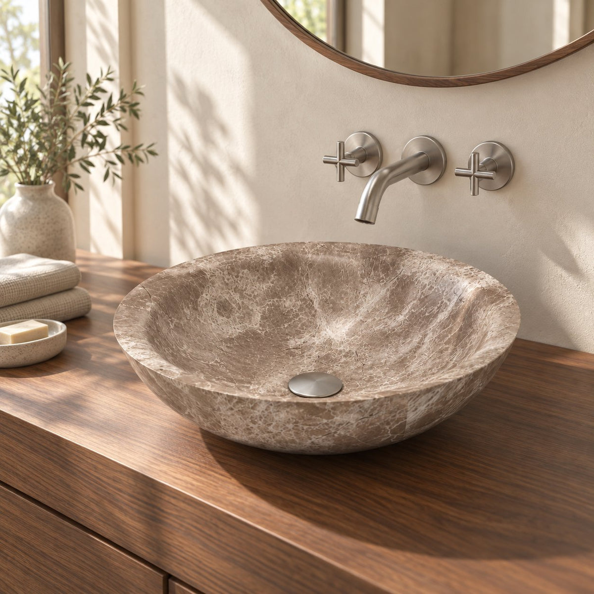 Sedora Dorata Marble Vessel Sink — three-quarter bathroom lifestyle