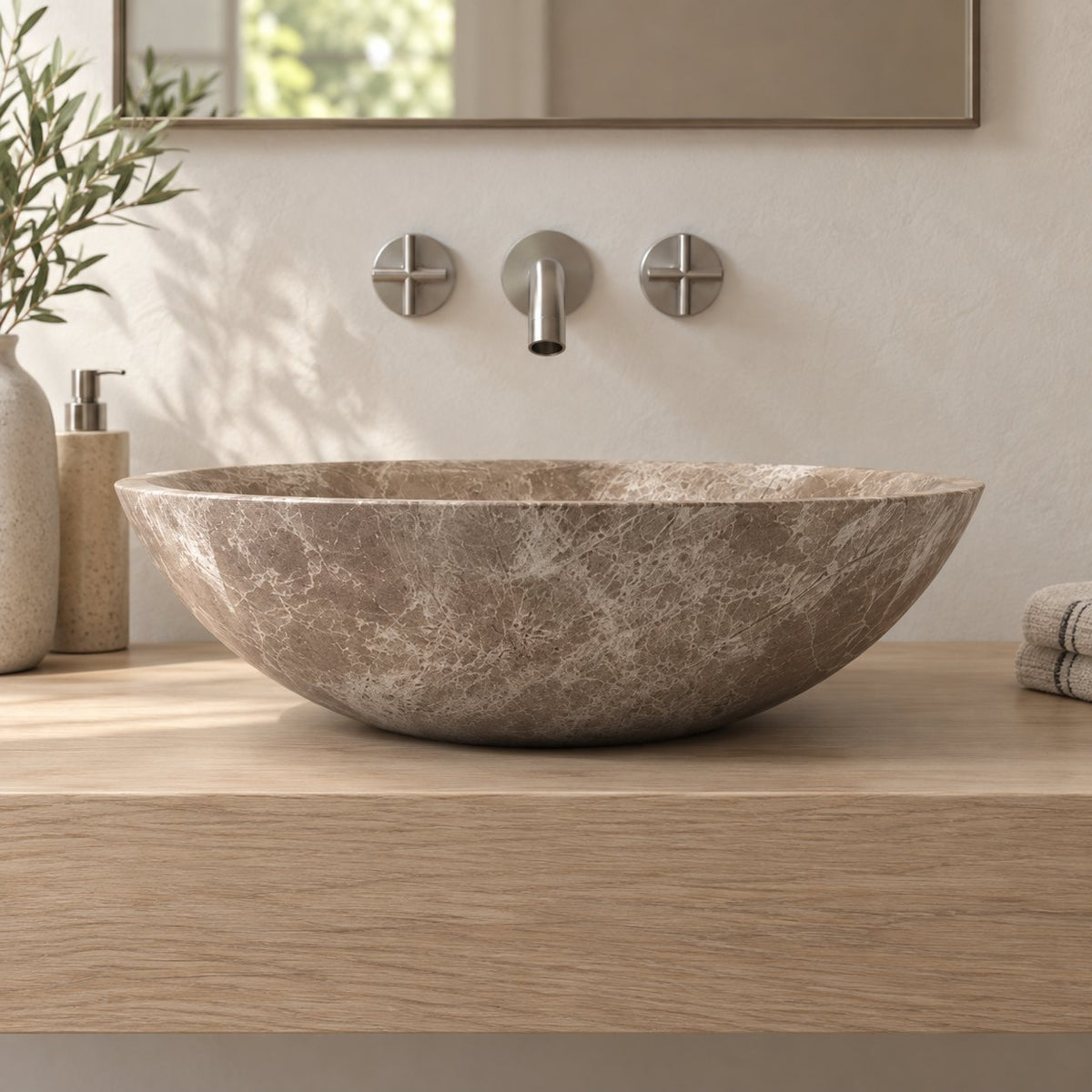 Sedora Dorata Marble Vessel Sink — low frontal bathroom lifestyle