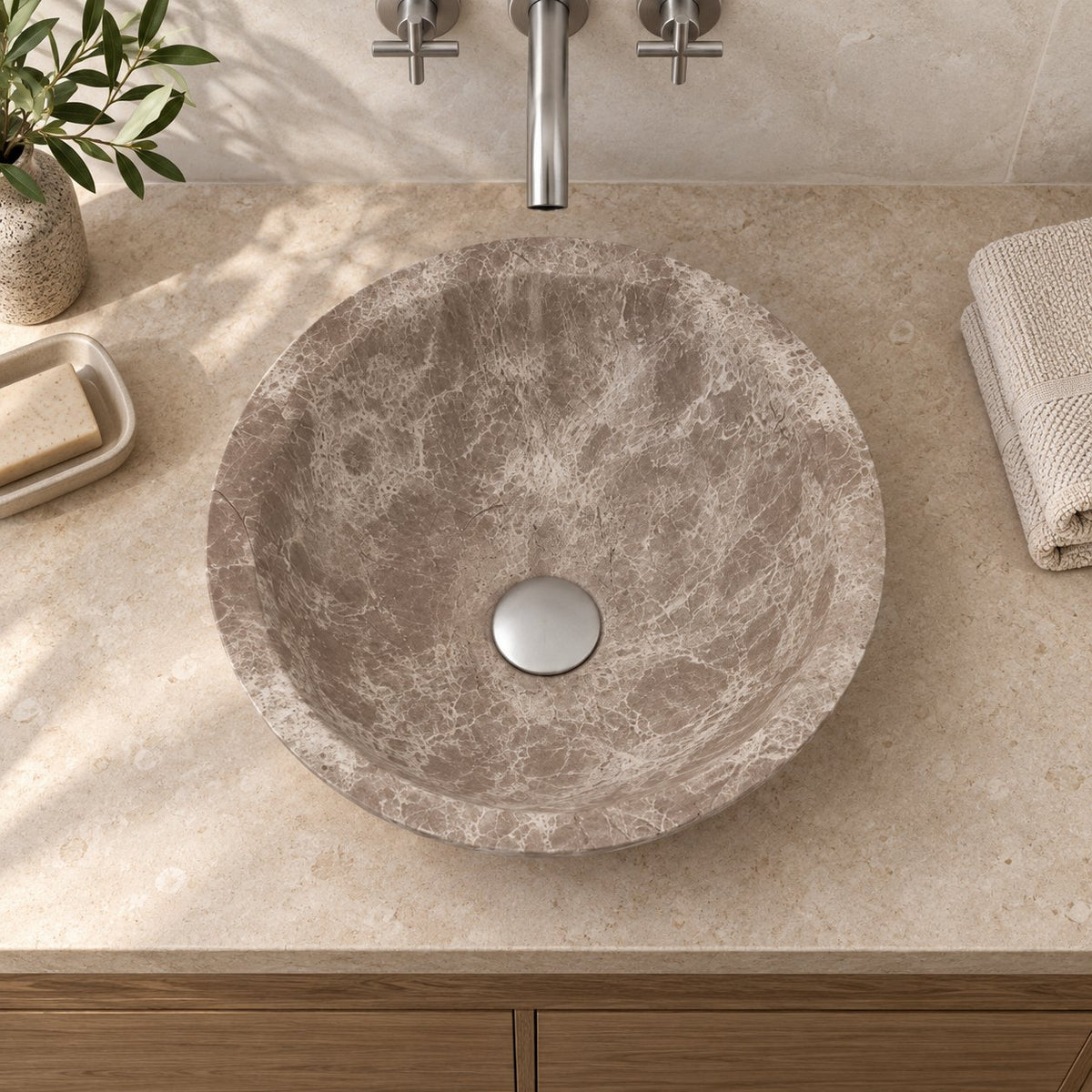 Sedora Dorata Marble Vessel Sink — overhead bathroom lifestyle