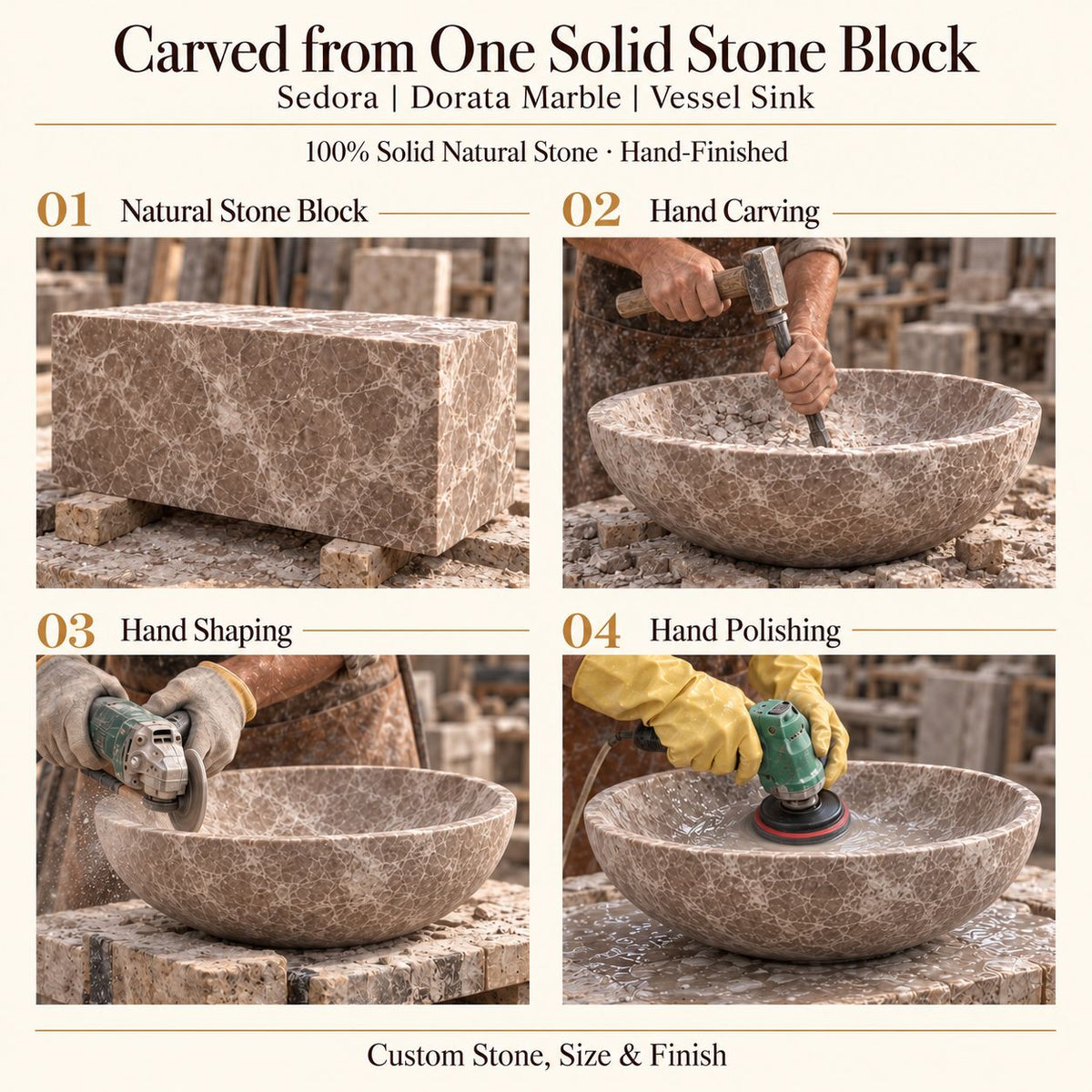 Sedora Dorata Marble Vessel Sink carved from one solid stone block, showing manual hammer-and-chisel carving, hand shaping and hand polishing; custom stone, size and finish.