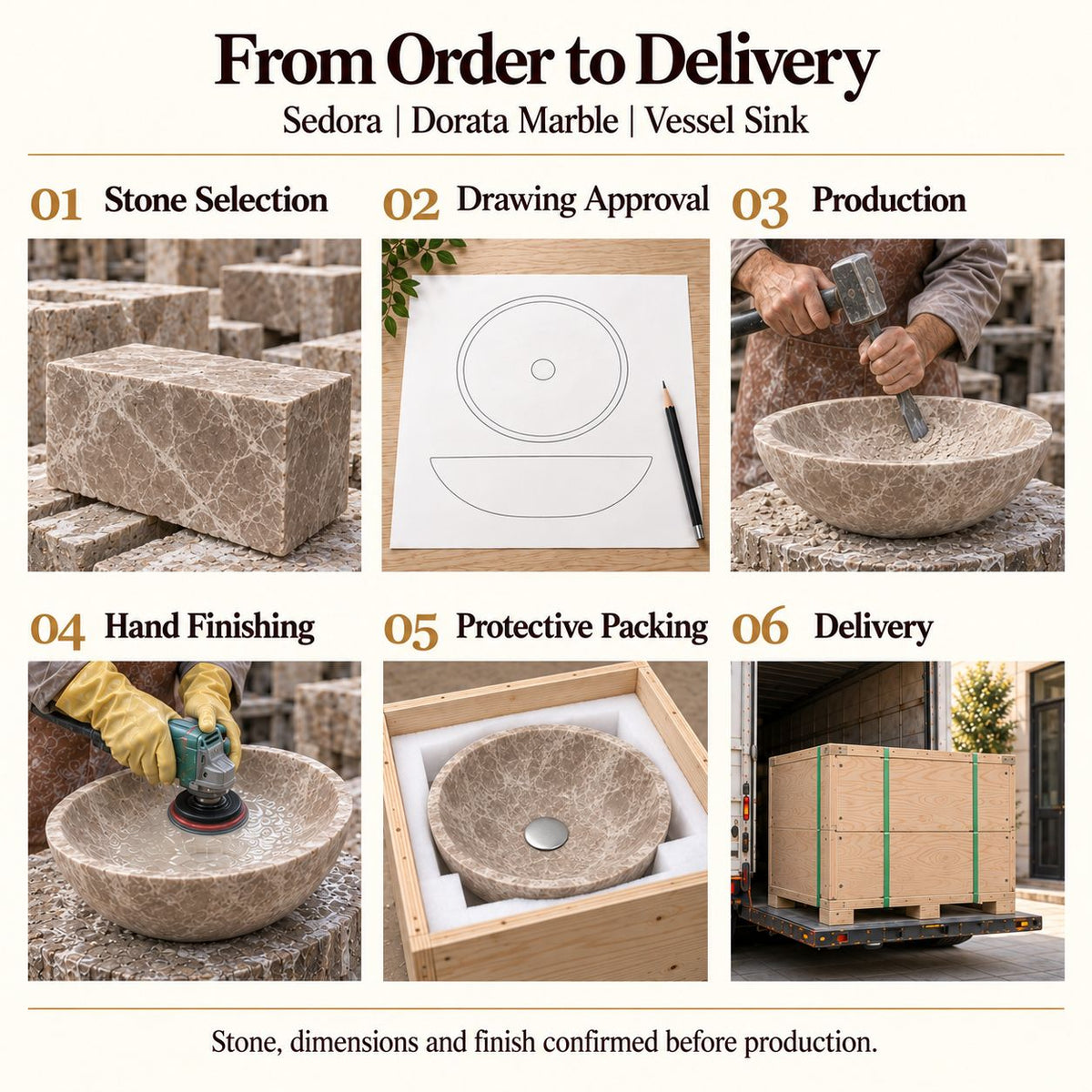 Sedora Dorata Marble Vessel Sink from order to delivery: material selection, drawing approval, production, hand finishing, protective foam packing in a plywood crate and delivery; specifications confirmed before production.