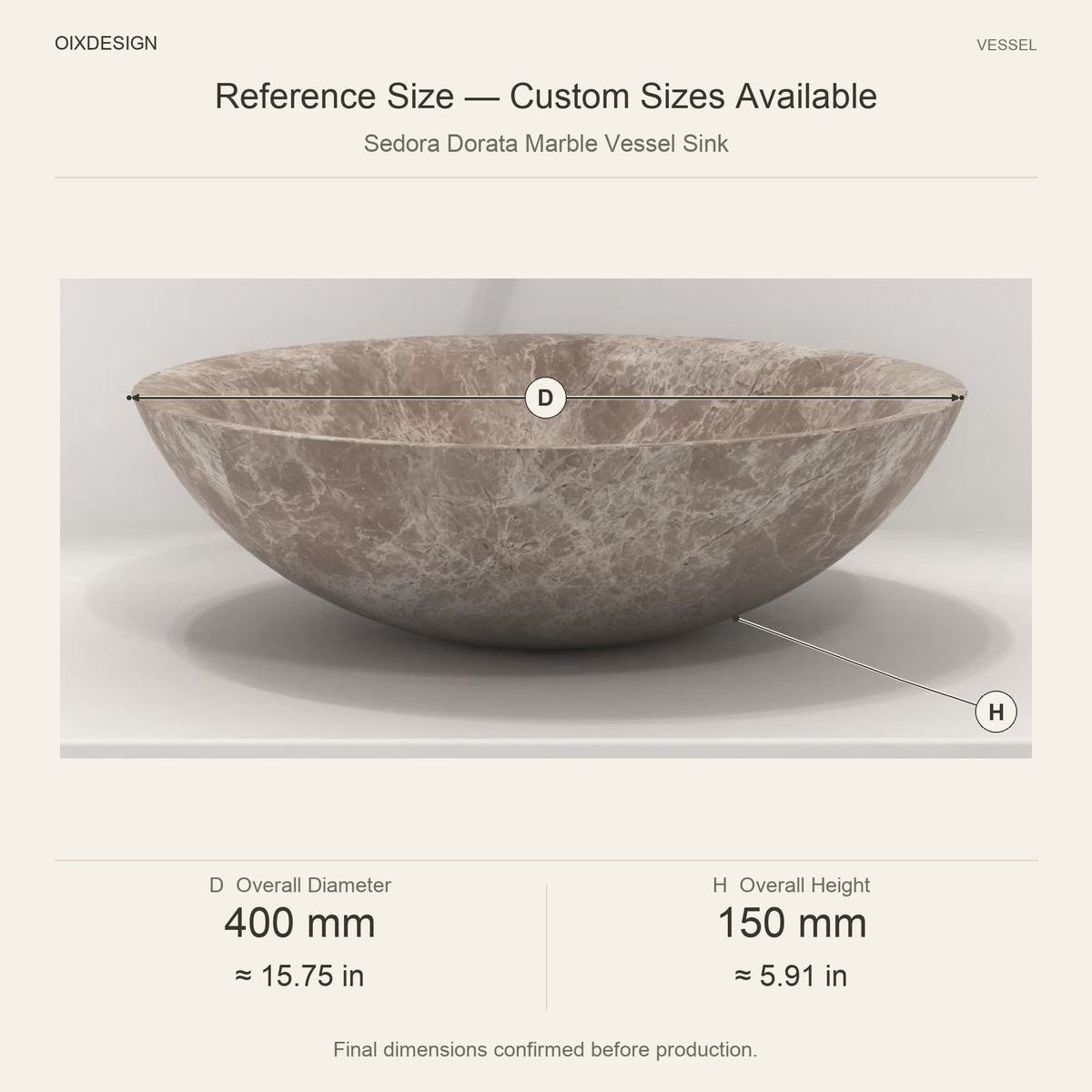 Sedora Dorata Marble Vessel Sink reference overall dimensions in millimeters and inches