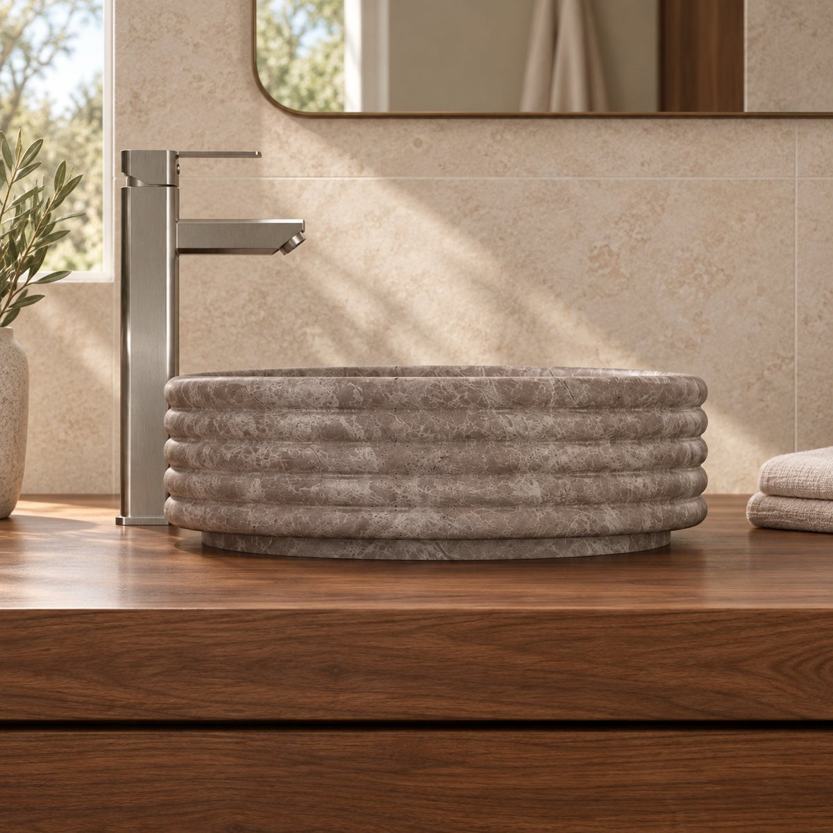 Seely Dorata Marble Vessel Sink — low frontal bathroom lifestyle
