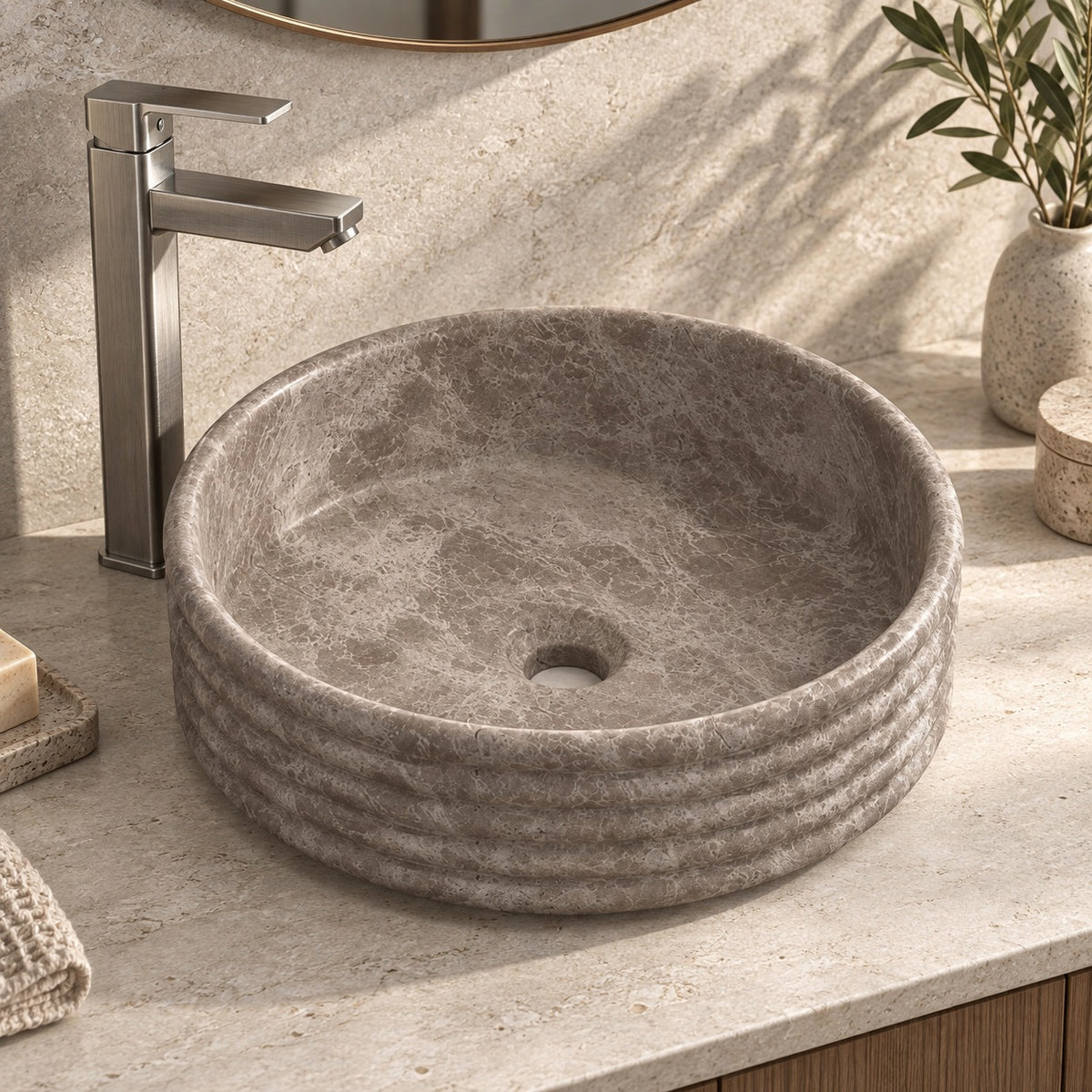 Seely Dorata Marble Vessel Sink, countertop hero lifestyle view