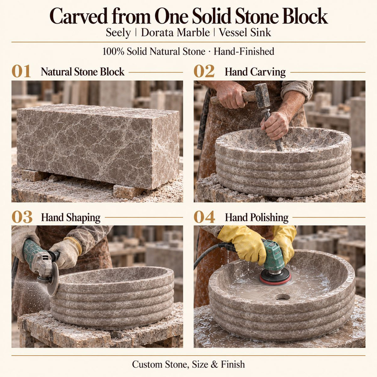 Seely Dorata Marble Vessel Sink carved from one solid stone block, showing manual hammer-and-chisel carving, hand shaping and hand polishing; custom stone, size and finish.