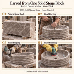Seely Dorata Marble Vessel Sink carved from one solid stone block, showing manual hammer-and-chisel carving, hand shaping and hand polishing; custom stone, size and finish.