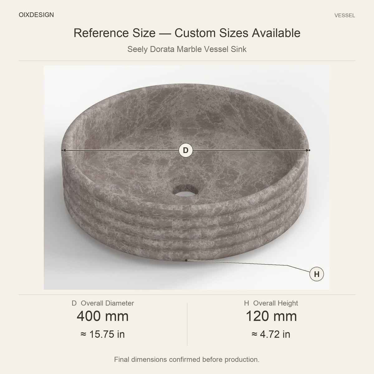 Seely Dorata Marble Vessel Sink reference overall dimensions in millimeters and inches
