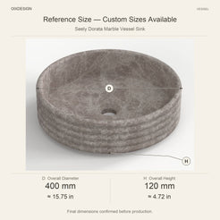 Seely Dorata Marble Vessel Sink reference overall dimensions in millimeters and inches