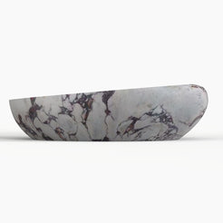 Selema Calacatta marble vessel sink, asymmetric oval bowl, showing the complete exterior profile