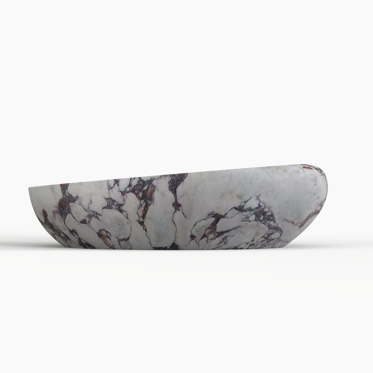 Selema Calacatta marble vessel sink, asymmetric oval bowl, showing the complete exterior profile