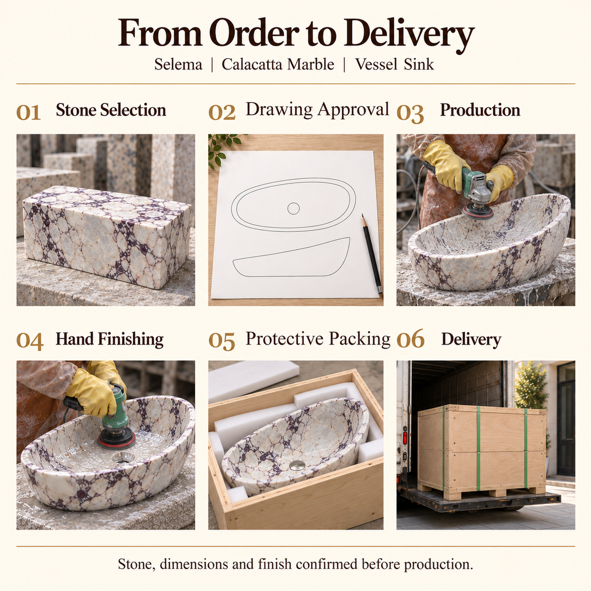 Selema Calacatta Marble Vessel Sink from order to delivery: stone selection, drawing approval, production, hand finishing, foam protective packing in a plywood crate and delivery; stone, dimensions and finish confirmed before production.