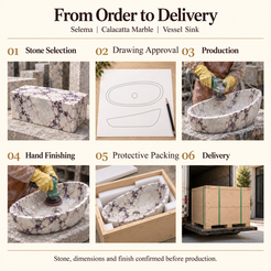 Selema Calacatta Marble Vessel Sink from order to delivery: stone selection, drawing approval, production, hand finishing, foam protective packing in a plywood crate and delivery; stone, dimensions and finish confirmed before production.