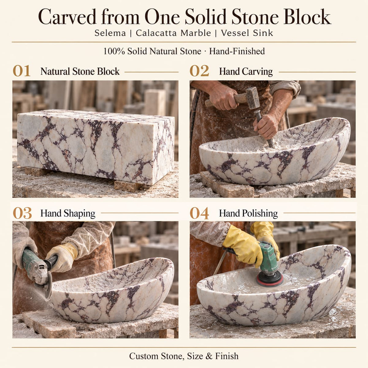 Selema Calacatta Marble Vessel Sink carved from one solid stone block, showing manual hammer-and-chisel carving, hand shaping and hand polishing; custom stone, size and finish.