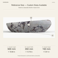 Selema Calacatta Marble Vessel Sink reference overall dimensions in millimeters and inches