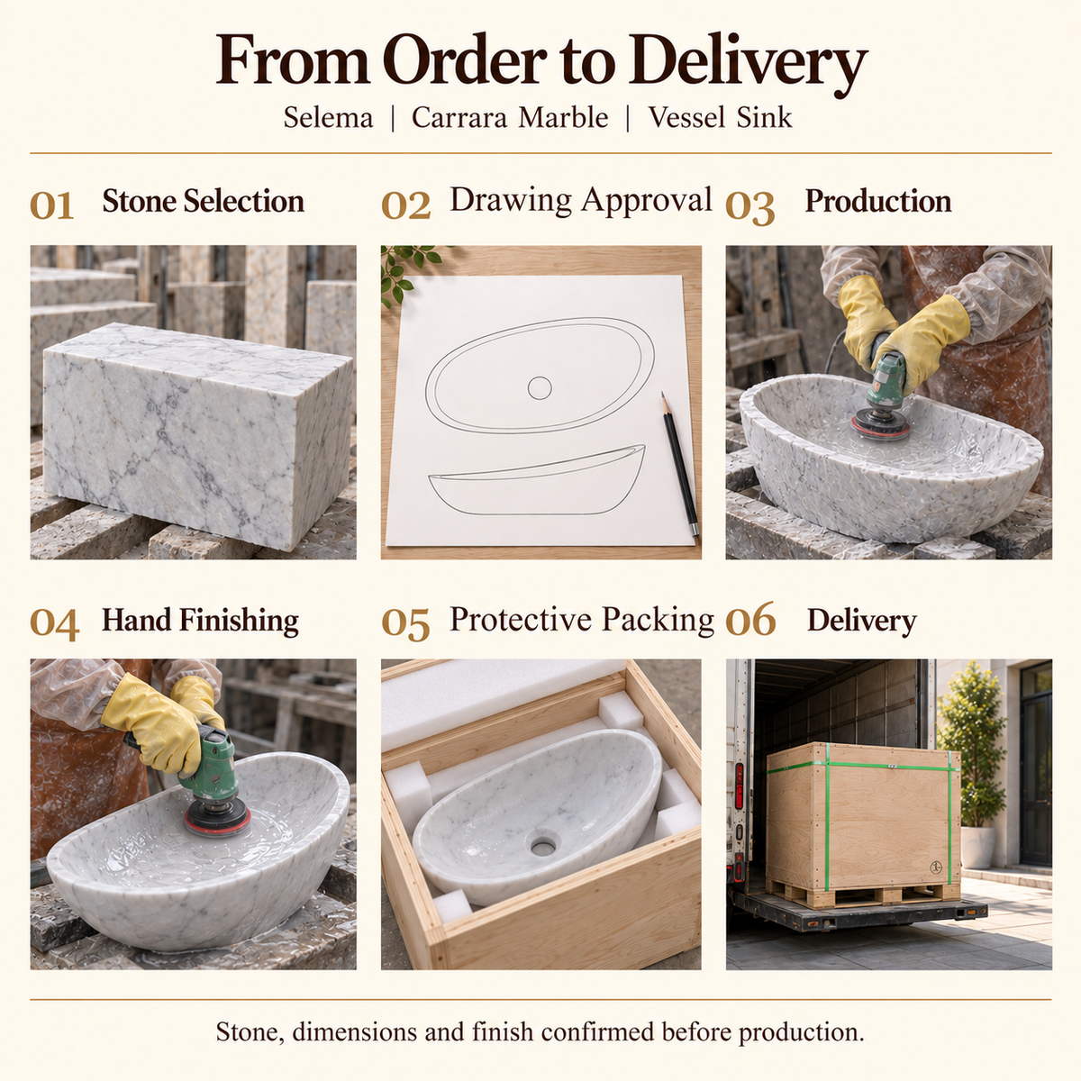 Selema Carrara Marble Vessel Sink from order to delivery: stone selection, drawing approval, production, hand finishing, foam protective packing in a plywood crate and delivery; stone, dimensions and finish confirmed before production.