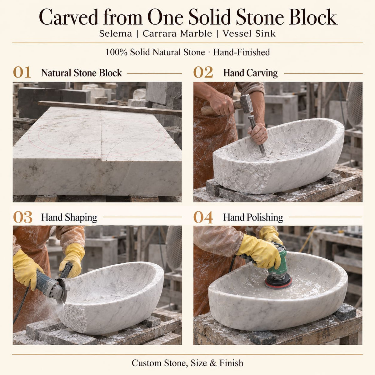 Selema Carrara Marble Vessel Sink carved from one solid stone block, showing manual hammer-and-chisel carving, hand shaping and hand polishing; custom stone, size and finish.