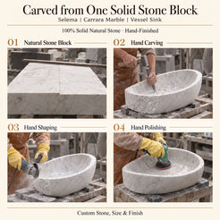 Selema Carrara Marble Vessel Sink carved from one solid stone block, showing manual hammer-and-chisel carving, hand shaping and hand polishing; custom stone, size and finish.
