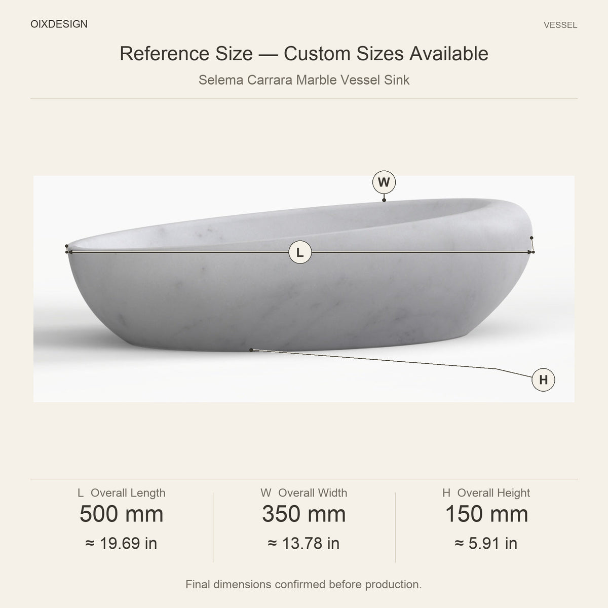 Selema Carrara Marble Vessel Sink reference overall dimensions in millimeters and inches
