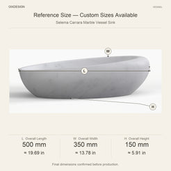 Selema Carrara Marble Vessel Sink reference overall dimensions in millimeters and inches