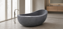 Selene Blue-Gray Granite asymmetrical bathtub in a luminous architectural bathroom visualization