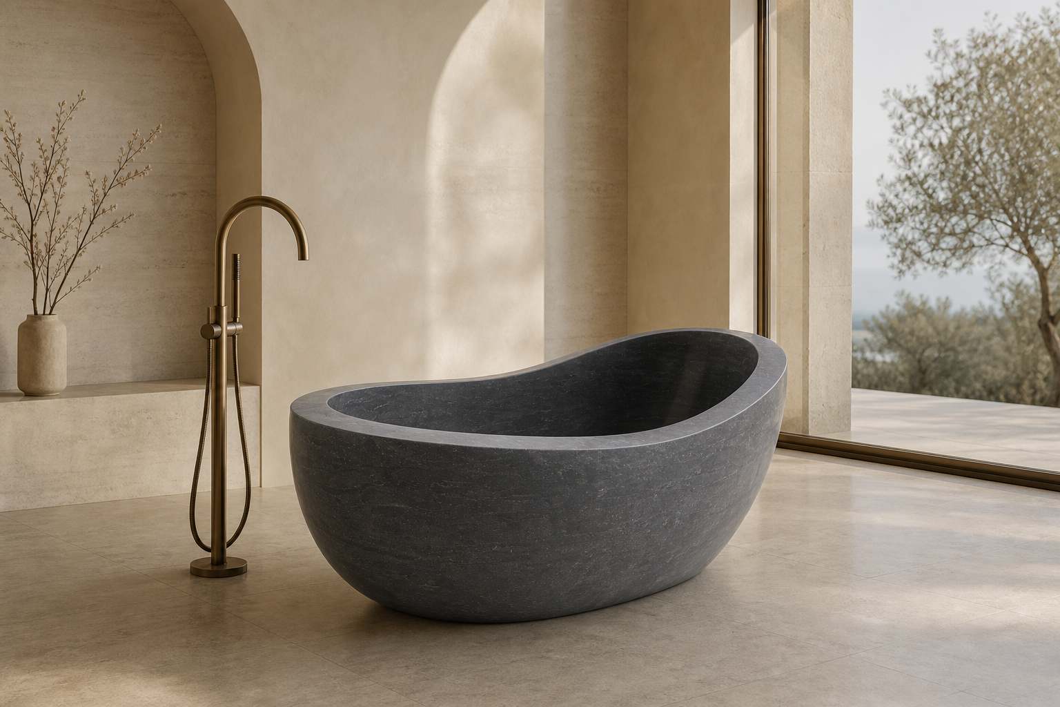 Selene Blue-Gray Granite freestanding soaking bathtub in a warm luxury bathroom visualization