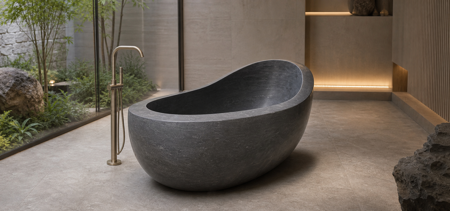 Selene Blue-Gray Granite asymmetrical soaking bathtub in a wellness spa visualization