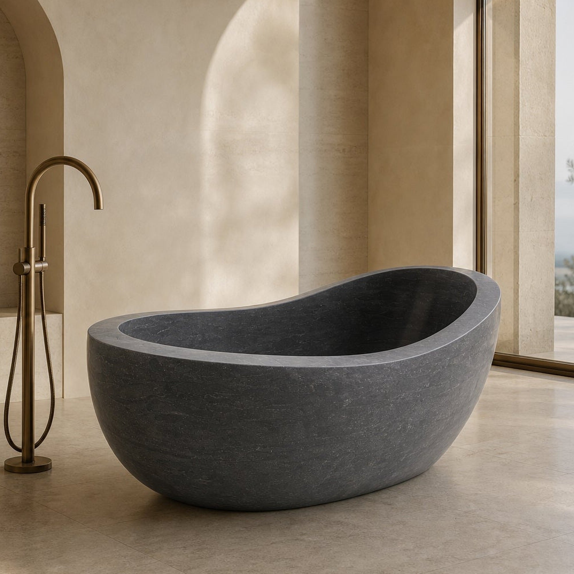 Selene Blue-Gray Granite freestanding soaking bathtub, warm architectural bathroom lifestyle view, cropped from original