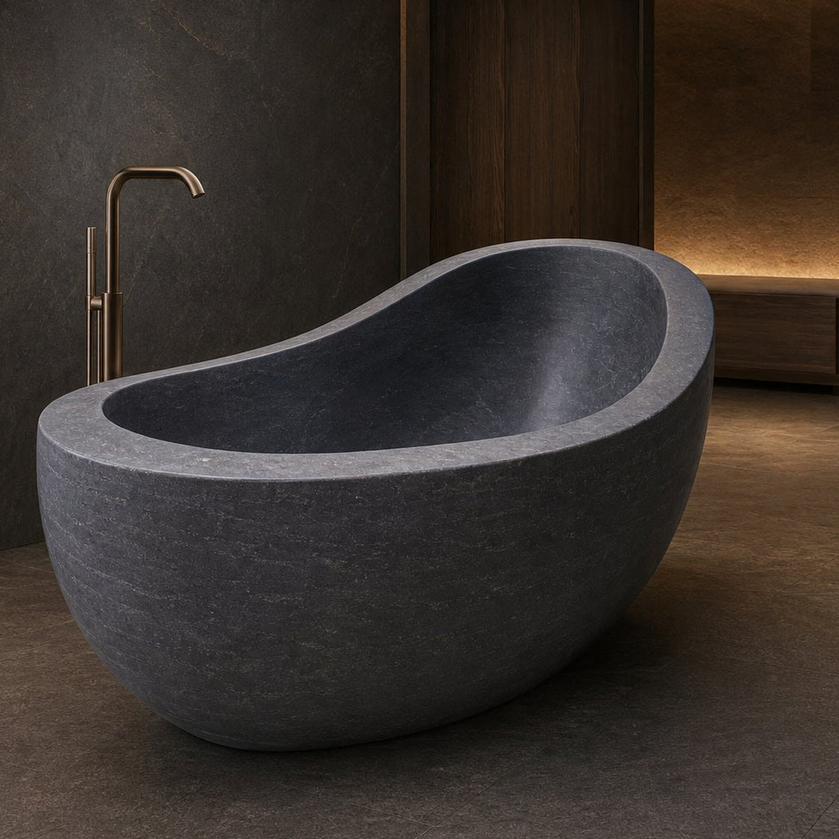 Selene Blue-Gray Granite freestanding soaking bathtub, luxury spa lifestyle view, cropped from original