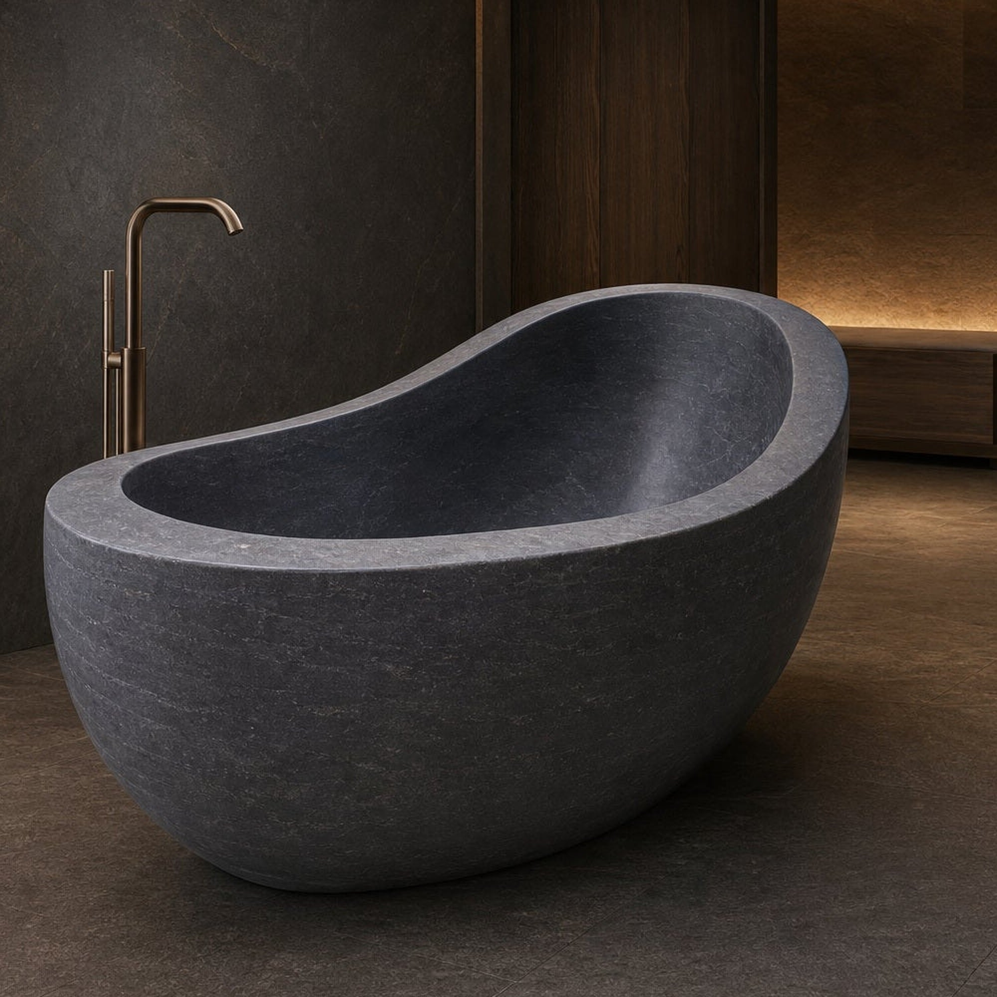 Selene Blue-Gray Granite freestanding soaking bathtub, luxury spa lifestyle view, cropped from original