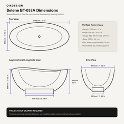 Selene BT-088A Blue-Gray Granite bathtub reference dimensions, 1702 x 800 mm