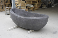 Selene Blue-Gray Granite freestanding bathtub, actual full side-angle workshop view