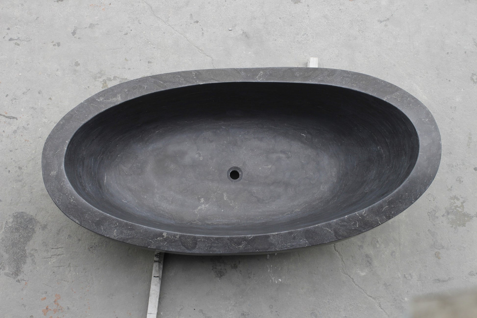 Selene BT-088A Blue-Gray Granite bathtub, actual top view with polished interior and drain