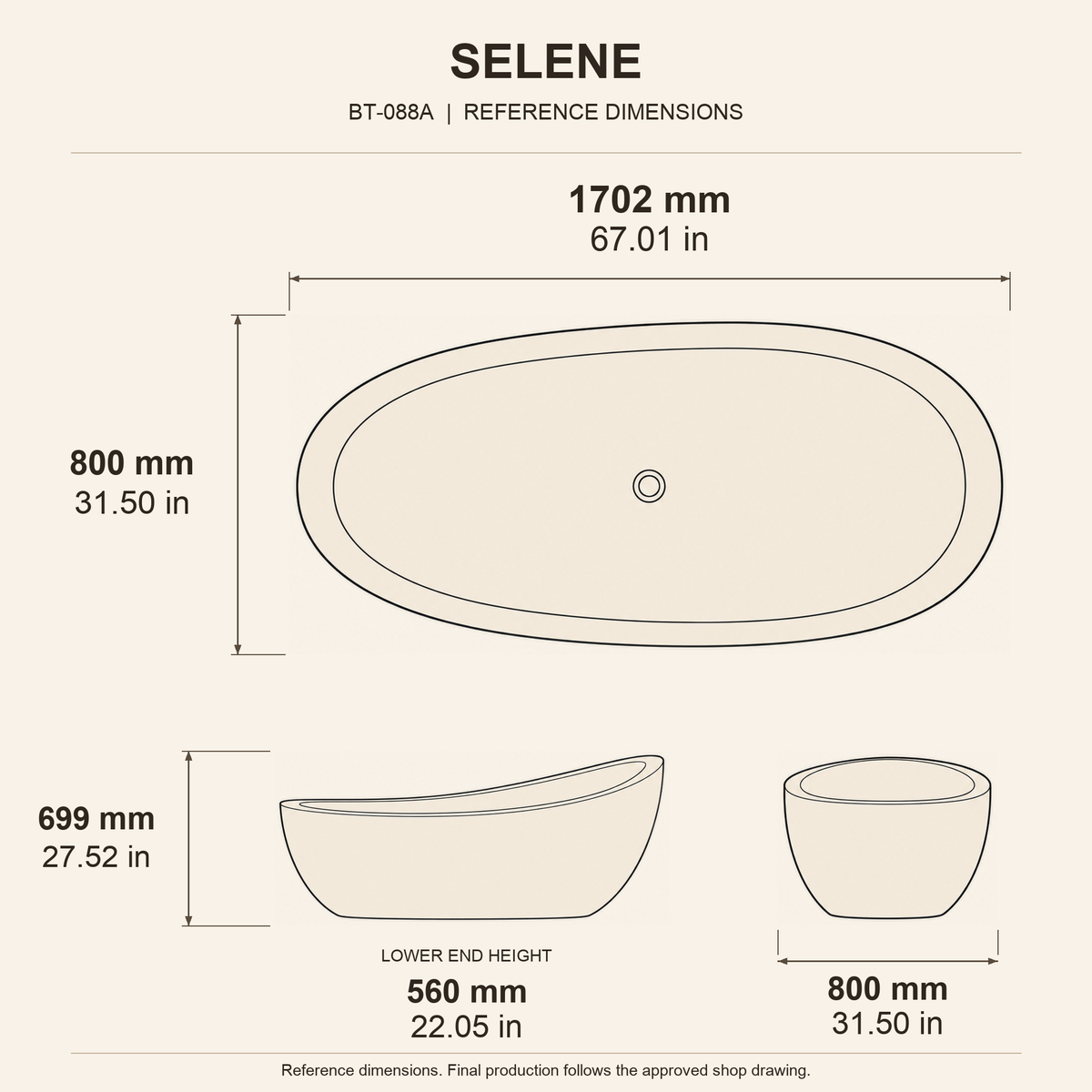 Selene Freestanding Blue-Gray Granite Soaking Bathtub reference dimension drawing with top, long-side and short-end views, measurements in millimetres and inches.
