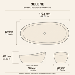 Selene Freestanding Blue-Gray Granite Soaking Bathtub reference dimension drawing with top, long-side and short-end views, measurements in millimetres and inches.