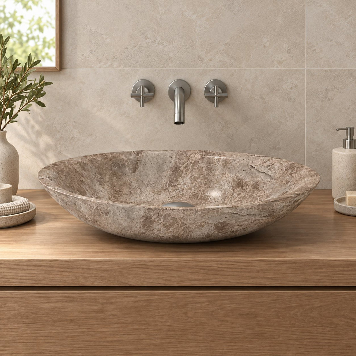 Selia Dorata Marble Vessel Sink — low frontal bathroom lifestyle